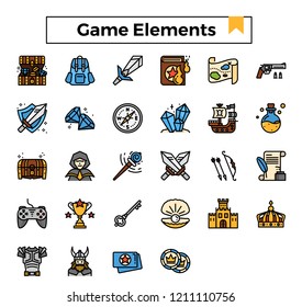 Game elements filled outline icon set.