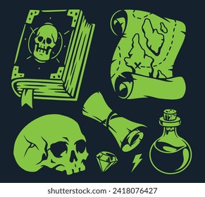 Game elements green set stickers with spell book and treasure map near skull for video game interface design vector illustration