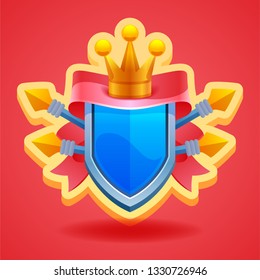 Game elements. Shield with crown and ribbon. Victory icon. Vector illustration