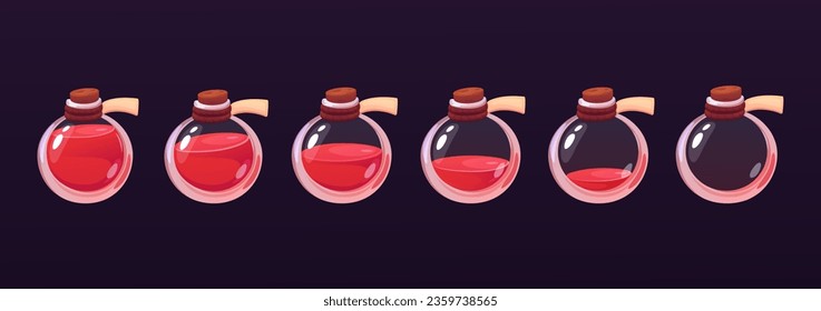 Game elixir bottle. Potion vial, antidote resource animation. Gaming energy or power symbol, life liquid icon. Magic and alchemy nowaday vector element