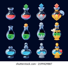 Elixir de juego. Cartoon GUI potion sprite activo de frascos y phials para el maná de vida y la fuerza para el juego 2D. Vectores coloridos de pociones de débil a más fuerte conjunto de iconos. Contenedores diferentes con líquidos