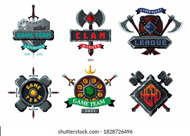 Game emblem set. Cybersport team vector signs. Player club heraldic symbols. Vector cartoon arms. Fantasy antique shields and coats.