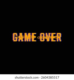 Game ending text. Game design. Final scene. Vector background, texture damage. Glitch error with text