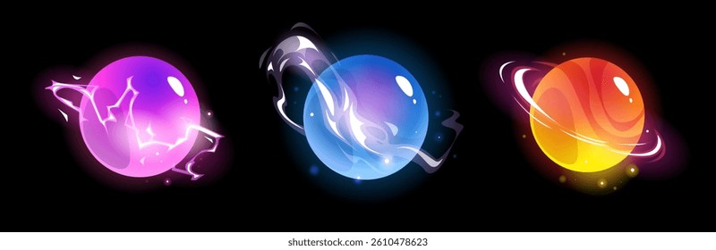 Game energy colorful sphere with lightnings. Vector illustration set of glowing pink, blue and orange electric power balls.