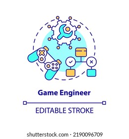 Game engineer concept icon. Entertainment field. Software developer path abstract idea thin line illustration. Isolated outline drawing. Editable stroke. Arial, Myriad Pro-Bold fonts used