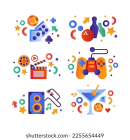 Game and Entertainment Industry with Dice, Clapperboard, Bowling Pins, Gamepad and Cocktail Vector Set