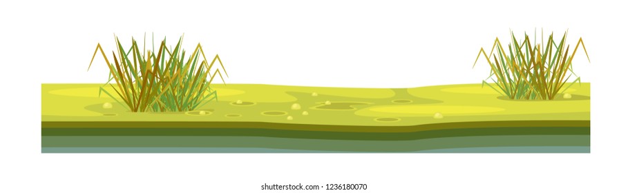 Game environment, landscape, surroundings. Texture of soil, with grass, lawn, vegetation, layer of earth covered surface for ui game, ux interface. 2D gaming platform. Vector illustration.