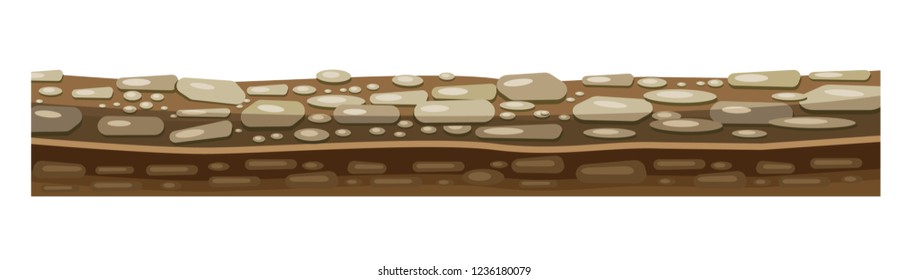 Game environment, landscape, surroundings. Texture of soil, earth, ground for level of game with rocks, earth surface for ui game, ux interface. 2D gaming platform. Vector illustration.