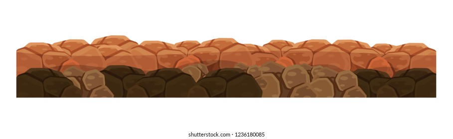 Game environment, landscape, surroundings. Texture of soil, earth, ground for level of game with rocks, earth surface for ui game, ux interface. 2D gaming platform. Vector illustration.