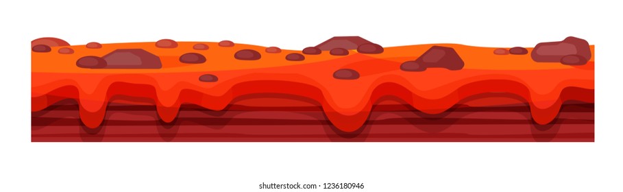 Game environment, landscape, surroundings. Texture of soil, burnt earth, with geysers, lava, earth surface for ui game, ux interface. 2D gaming platform. Vector illustration.