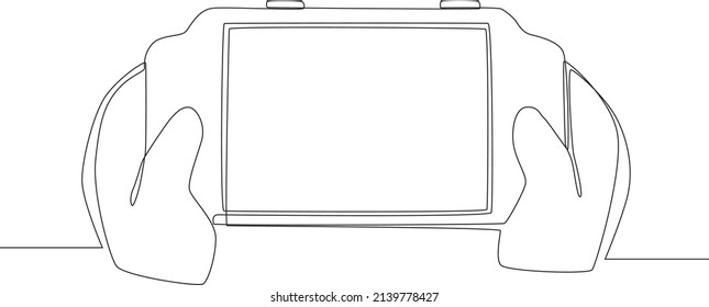 Game equipment line icon. Holding in hand game playing videogame. Vector illustration.