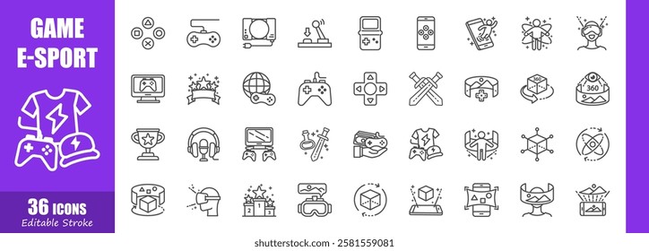 Game and E-sports . Technology outline icon collection . Editable stroke . Vector .