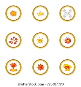 Game explosion icons set. Cartoon style set of 9 game explosion vector icons for web design