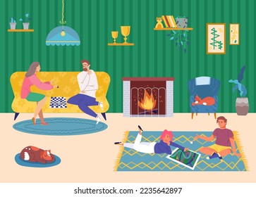 Game for family together at home, vector illustration, happy people character have fun at living room, parent play chess at couch.