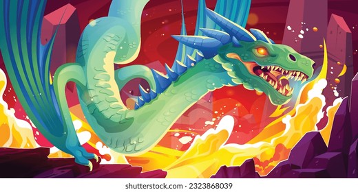 Game fantasy flying dragon with fire breathing vector landscape illustration. Beautiful monster character in castle with flame and landing on claws. Scary mythical beast drawing in medieval dungeon