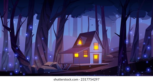 Game fantasy forest at night with house landscape background. Scary and mystic scene with cabin, firefly and stone. Nighttime mysterious decoration for halloween with witch building and light window.