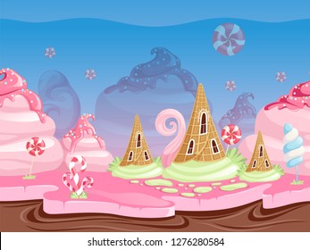 Game fantasy landscape. Seamless background with delicious dessert food candy caramel chocolate biscuits vector illustrations