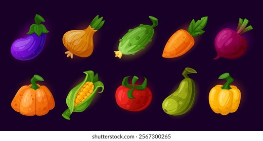 Game farm vegetables. Farming harvest food cartoon ui asset icon, garden agriculture local products tomato pumpkin corn farmer harvesting mobile gaming set tidy vector illustration original artwork