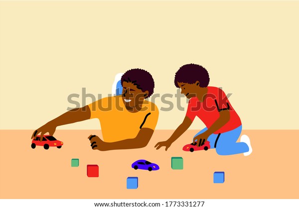 Game, fatherhood, childhood, family,\
recreation concept. Young african american man dad playing cars\
racing with child kid son together. Having fun or joint spending\
leisure time activity\
illustration