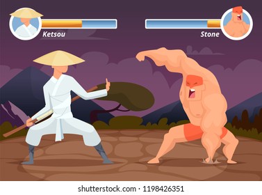 Game fighting. Screen location of computer 2D gaming asian fighter vs wrestler luchador vector background. Video game screen app, battle and combat player illustration