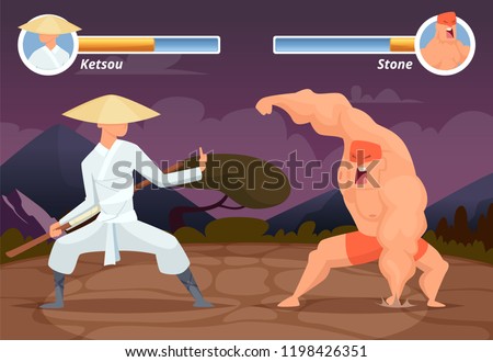 Game fighting. Screen location of computer 2D gaming asian fighter vs wrestler luchador vector background. Video game screen app, battle and combat player illustration