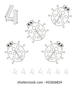 Game for figure Four. Four Ladybugs to be colored. Coloring book to educate kids. Learn colors. Visual educational game. Coloring pages.