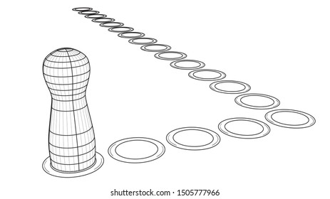 Game figure on board with path of dots. Black outline illustration on white background. Sketch.