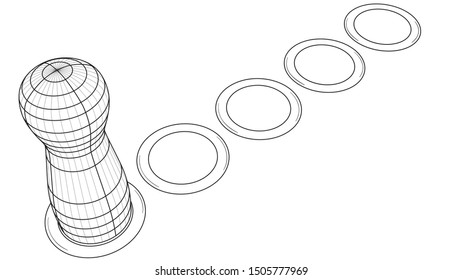 Game figure on board with path of dots. Black outline illustration on white background. Sketch.