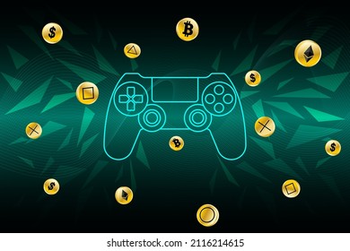 Game finance, play to earn idea concept. Gamepad on abstract background. Btc, Eth, dollar and joystick icons gold coin 3d design. GameFi, play2earn technology design idea.