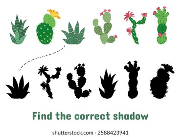 Game find correct shadow for toddlers. Isolated cartoon green cactus and cacti silhouettes. Children puzzle play for free time, vector background