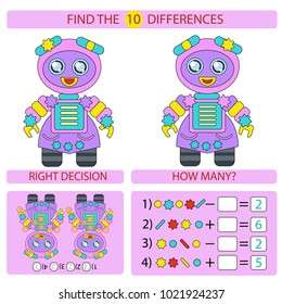 Game find the difference between girls robots. Children funny entertainment. android in flat style isolated on white background. Kids tasks for attention. Mathematical exercise. Vector illustration.