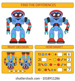Game find the difference between two robots. Children funny entertainment. Android in flat style isolated on white background. Kids tasks for attention. Mathematical exercise. Vector illustration.