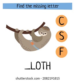 Game "Find the lost letter in the word Sloth" for children. Vector cartoon illustration.