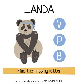 Game Find the lost letter in the word Panda for children. Vector cartoon illustration.