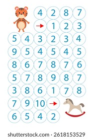 Game Find the path by numbers with funny tiger. Counting 1-10
