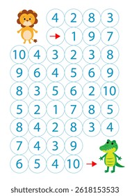 Game "Find the path by numbers" with animals. Counting 1-10