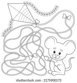 Juego, encuentra el camino correcto. Ratón sosteniendo una cometa. Enseñar a los niños la lógica de manera juguetona. Libro de colorear para niños.