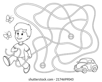 Game, find the right way. Teaching children logic in a playful way. Children coloring book.