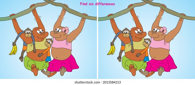 Game, find six differences, monkey family, funny vector illustration