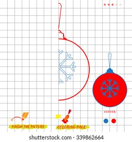 Game finish the picture and coloring page. Visual game for kids. Fold missing puzzle.  Education game for preschool child. Vector illustration of grid copy puzzle christmas ball