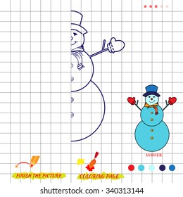 Game finish the picture and coloring page. Visual game for kids. Fold missing puzzle.  Education game for preschool child. Vector illustration of grid copy puzzle snowman