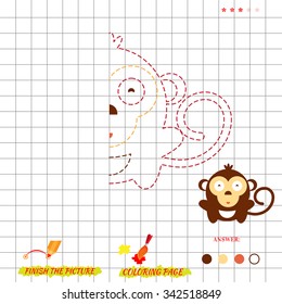 Game finish the picture and coloring page. Visual game for kids. Fold missing puzzle.  Education game for preschool child. Vector illustration of grid copy puzzle monkey