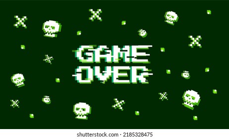 Game finish vector illustration. Rich green background with text game over, sculls and pixels in glich error style. Template banner for website, poster or stream. 