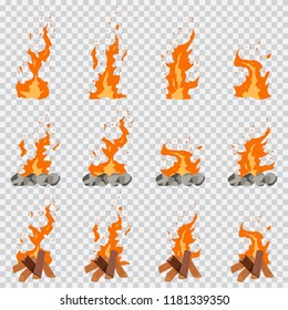 Game fire animation effect. Firewood, campfire and bonfire vector cartoon flat set isolated on transparent background.