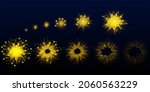 Game fireworks, yellow explode effect burst sprites for animation. User interface ui or gui elements for videogame, computer or web design. Salute sparkle explosion frames, Cartoon vector illustration