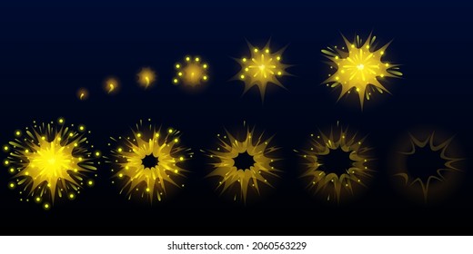 Game fireworks, yellow explode effect burst sprites for animation. User interface ui or gui elements for videogame, computer or web design. Salute sparkle explosion frames, Cartoon vector illustration