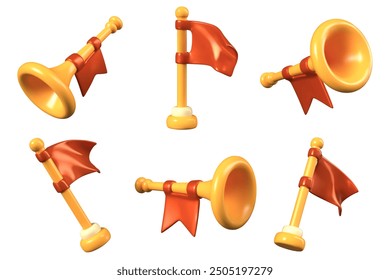 Game flag on stick and trumpet. Vector realistic objects in different positions