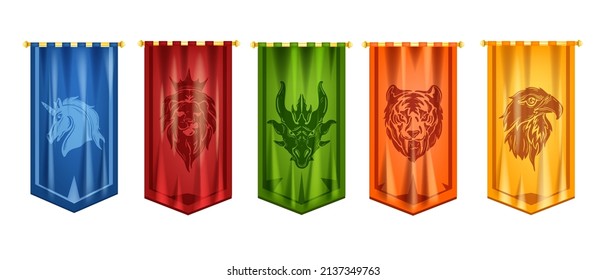 Game flag set, vector medieval royal banner, ancient knight pennant icons kit, UI team house signs. Fantasy heraldic animal heads, unicorn, green dragon, king lion, yellow eagle. E-sport game flags