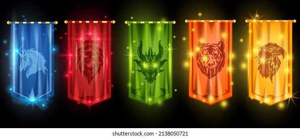 Game flag set, vector medieval royal banner, UI team house signs, ancient knight pennant icons kit. Fantasy heraldic animal heads, green dragon, king lion, yellow eagle, unicorn. E-sport game flags