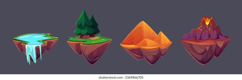 Game floating islands with lake and waterfall, green forest with fir trees, sandy desert surface with pyramids and volcano mountain with lava eruption. Flying pieces of ground for gui jump and level.